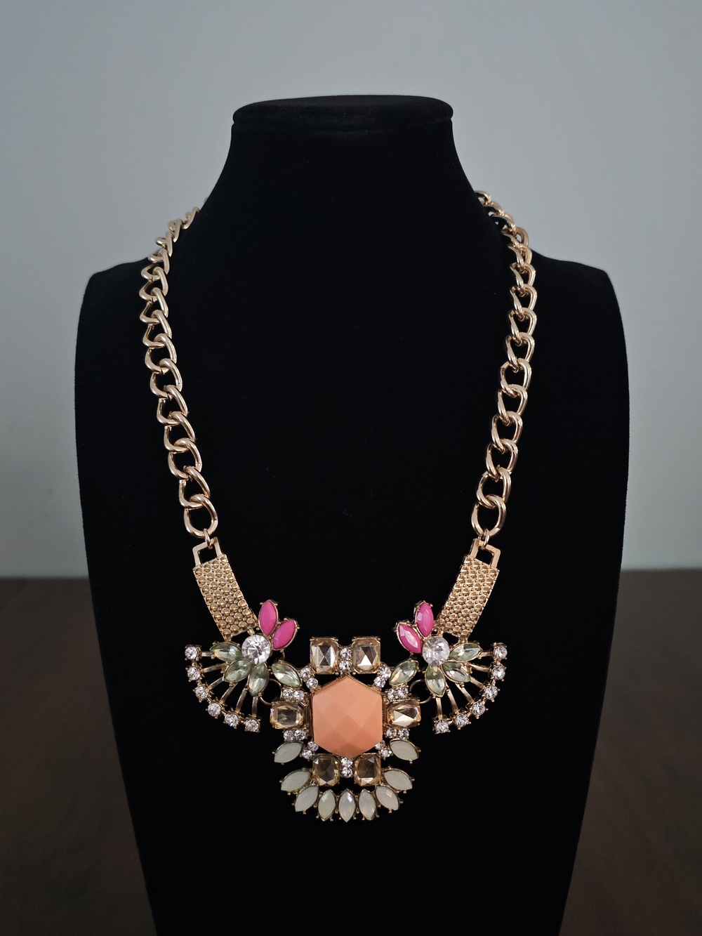 Betsey Johnson Statement Pink and Peach Crystal Bib Necklace